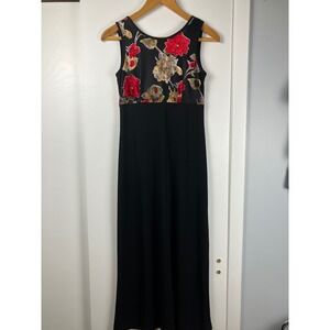Vintage Black Velvet Floral Bodice Maxi Evening Party Dress Size Small